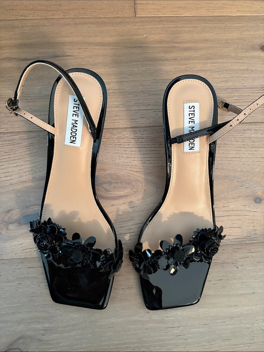 Steve Madden Black Patent Floral Slingback Sandals with Square Toe